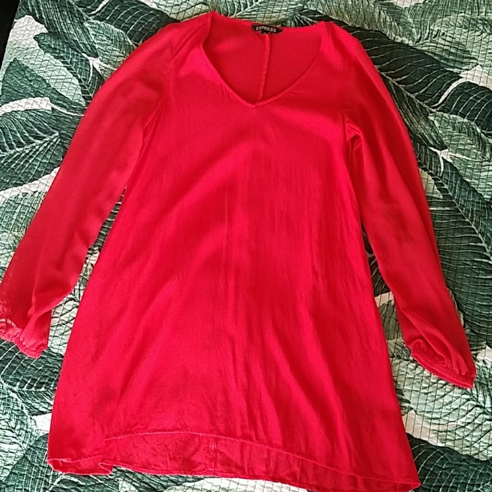 red short dress with sheer long sleeves